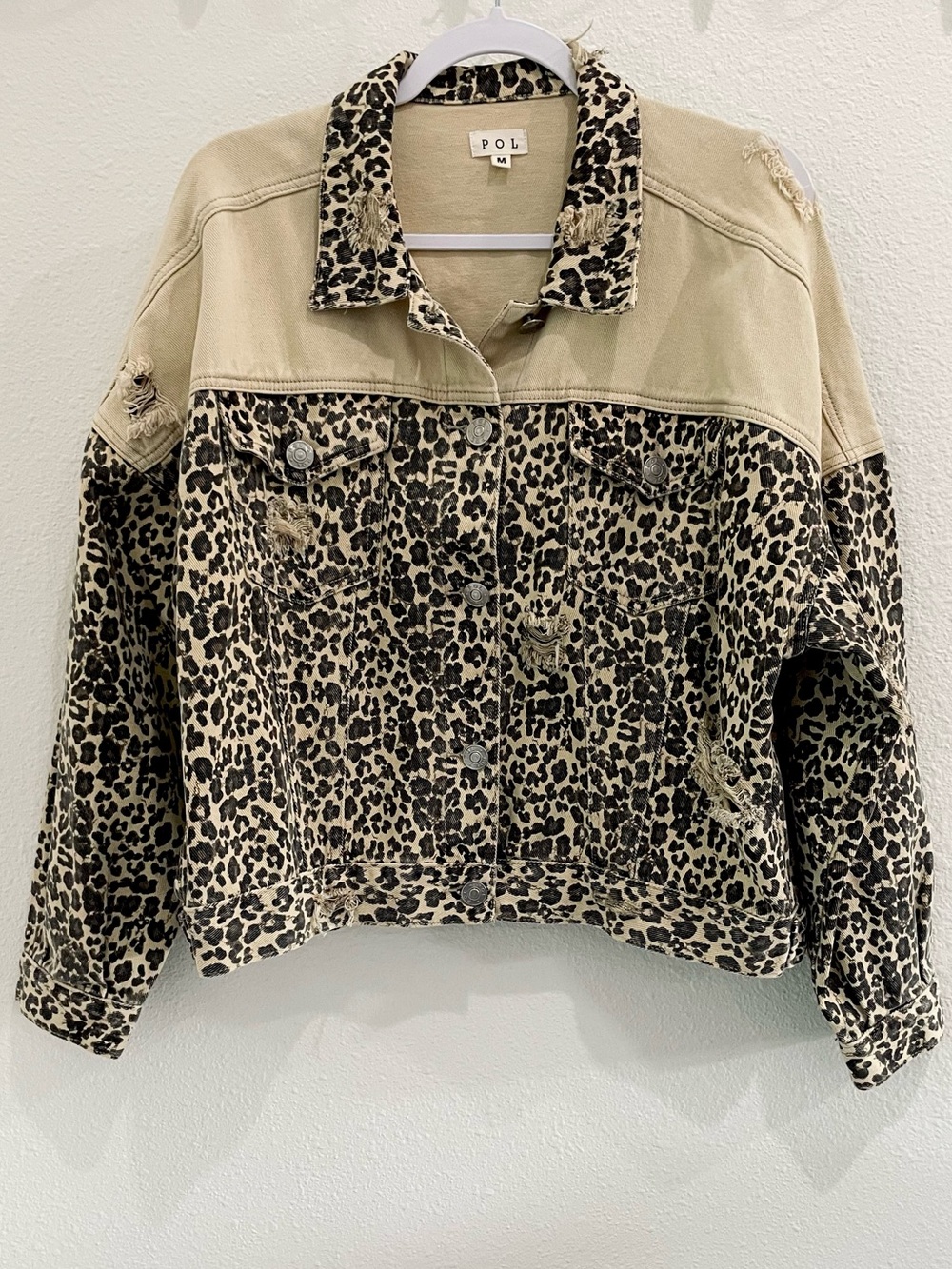 POL Leopard Print Distressed Denim Jacket Boho Oversized Cotton
